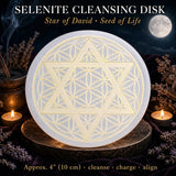 Selenite Davidsstjärna på Seed Life Cleansing Disk