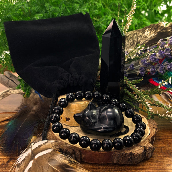 Spirit of Stillness – Black Agate Cat Totem Set