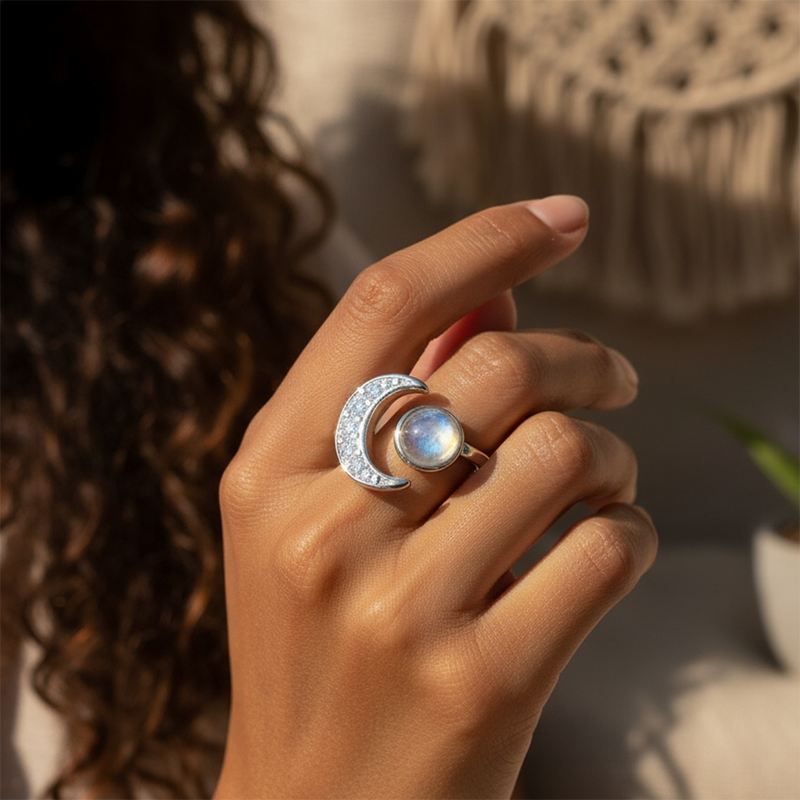 Moonstone & Silver Lunar Ring