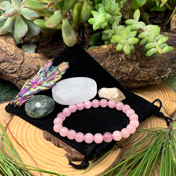 Set di astucci Tranquility con bracciale Mala in quarzo rosa