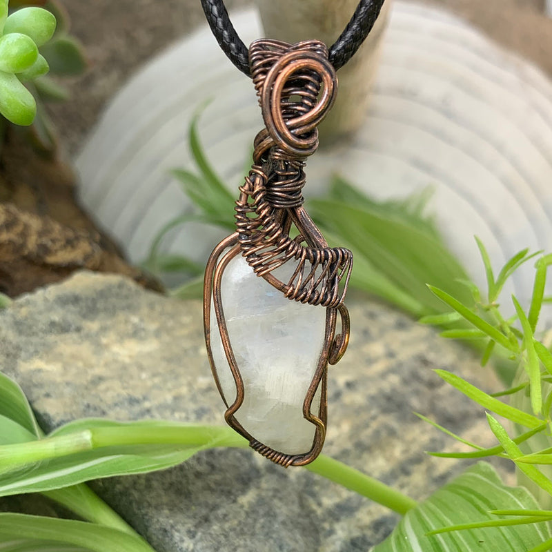 Crescent Moonstone Copper Wire Pendant Necklace