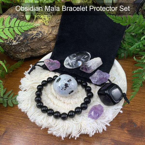 Obsidiaan Mala armband beschermer zakje set