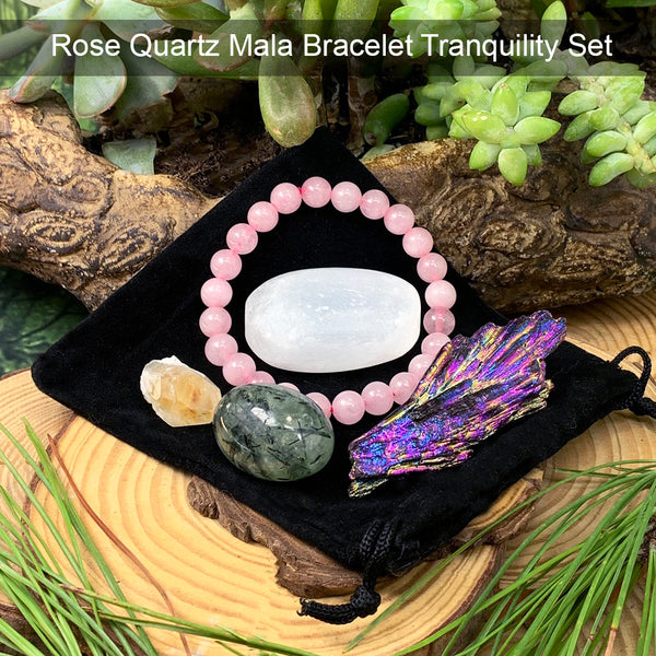 Rosenquarz-Mala-Armband-Tranquility-Beutel-Set