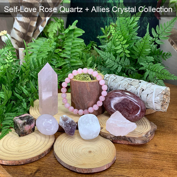 Quartz rose d’amour-propre + Collection de cristaux alliés