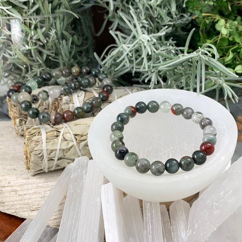 Pulsera de piedra de sangre africana Mala con bolsa de terciopelo