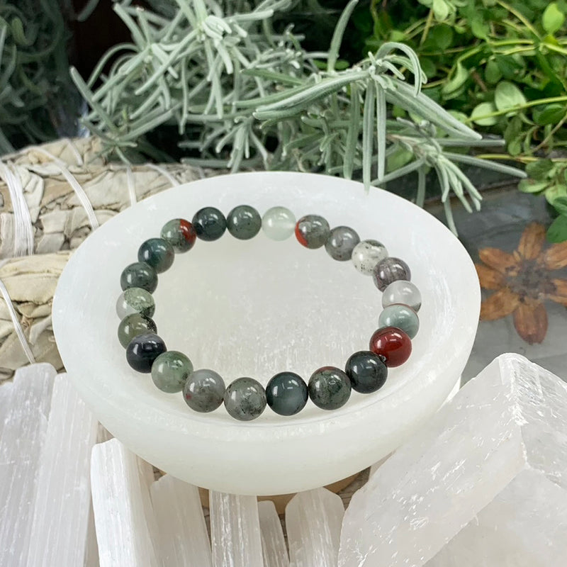 Pulsera de piedra de sangre africana Mala con bolsa de terciopelo