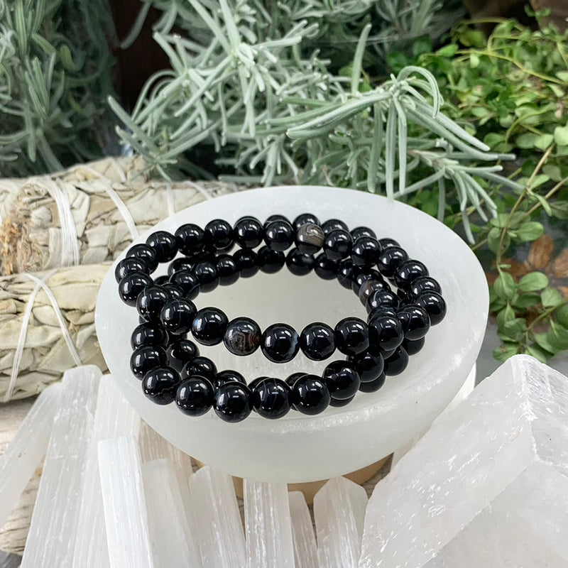 Pulsera Mala De Ágata Negra Con Bolsita De Terciopelo