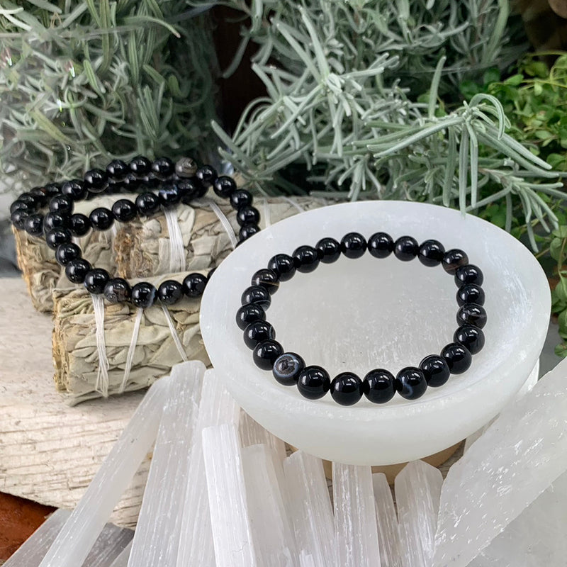 Pulsera Mala De Ágata Negra Con Bolsita De Terciopelo
