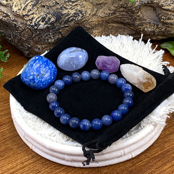 Conjunto de bolsa de sinergia com pulseira Mala de aventurina azul