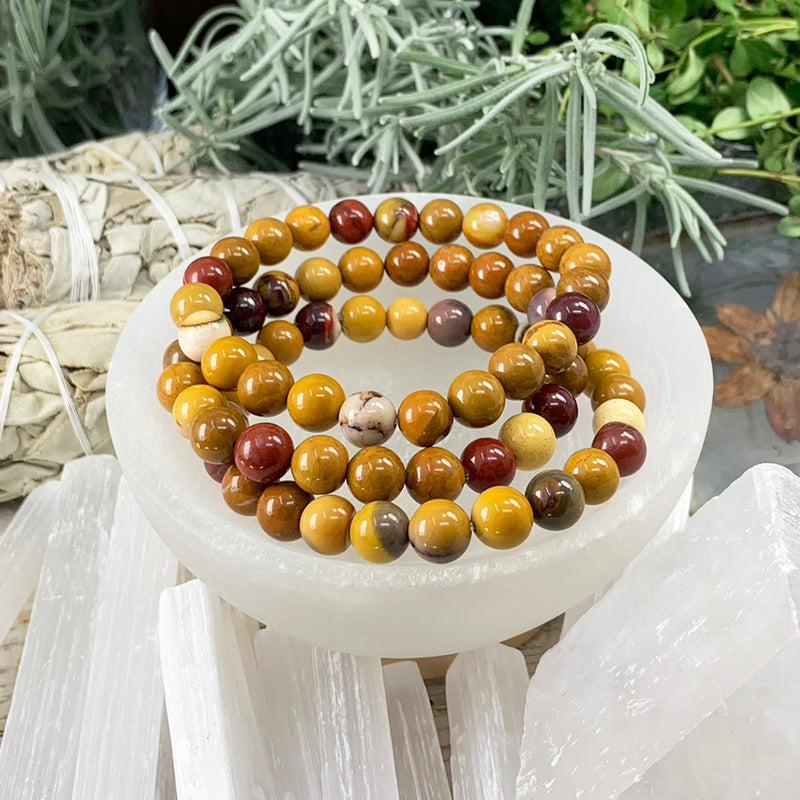 Pulsera Mala Golden Mookaite Jaspe Con Bolsa De Terciopelo