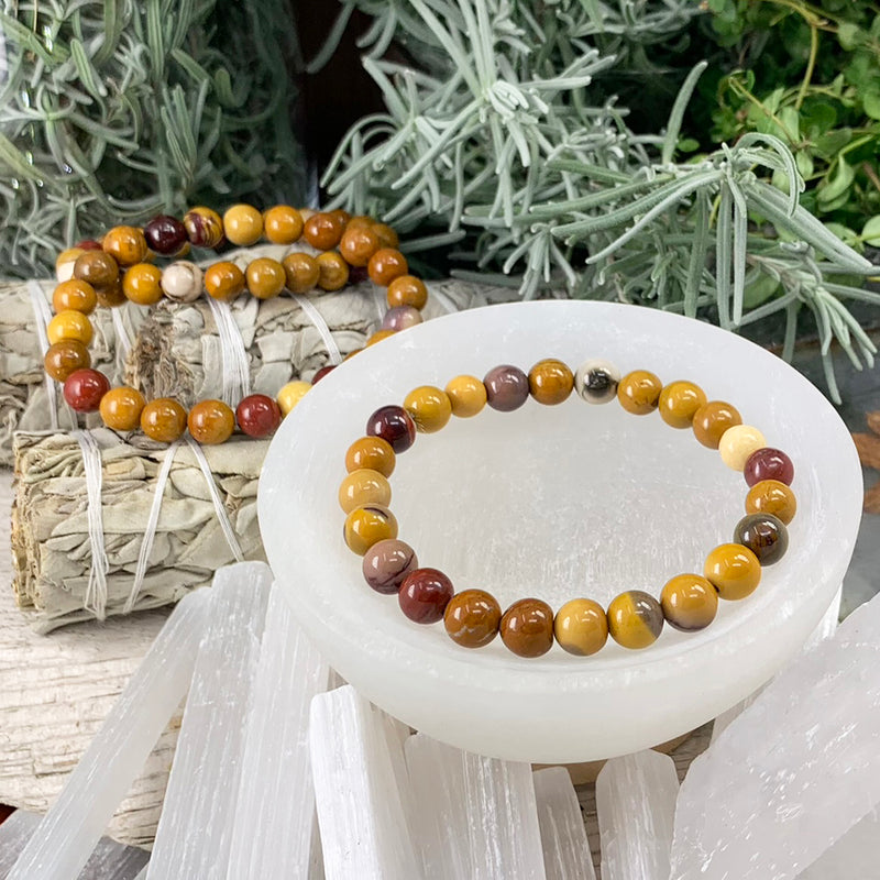Pulsera Mala Golden Mookaite Jaspe Con Bolsa De Terciopelo