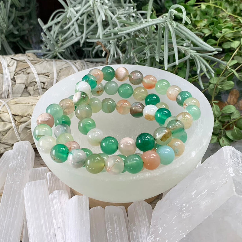 Pulsera Mala De Ágata Cereza Verde Con Bolsita De Terciopelo