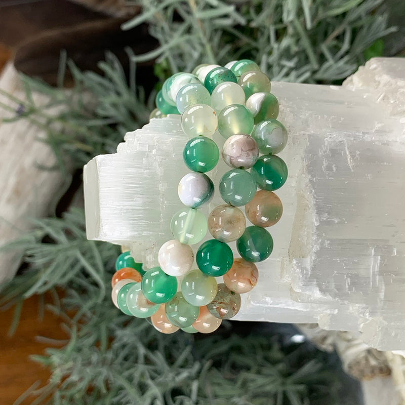 Pulsera Mala De Ágata Cereza Verde Con Bolsita De Terciopelo