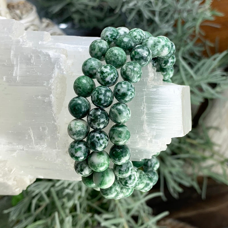 Pulsera Mala De Jaspe Con Manchas Verdes Y Estuche De Terciopelo