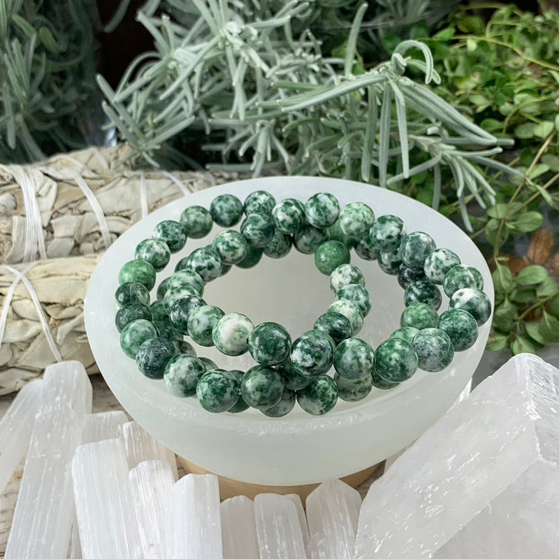 Pulsera Mala De Jaspe Con Manchas Verdes Y Estuche De Terciopelo