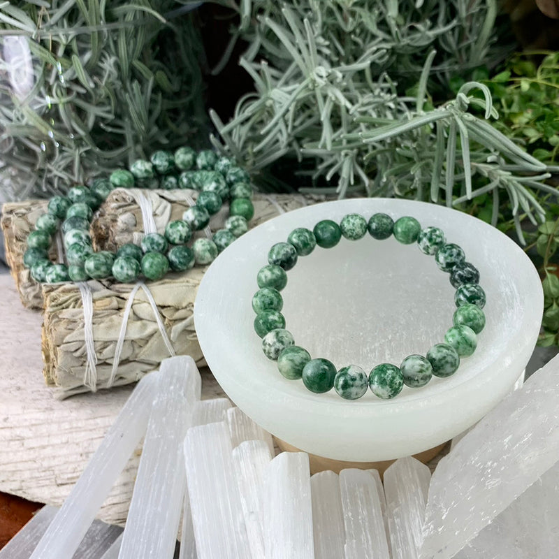 Pulsera Mala De Jaspe Con Manchas Verdes Y Estuche De Terciopelo