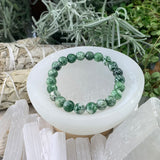 Pulsera Mala De Jaspe Con Manchas Verdes Y Estuche De Terciopelo