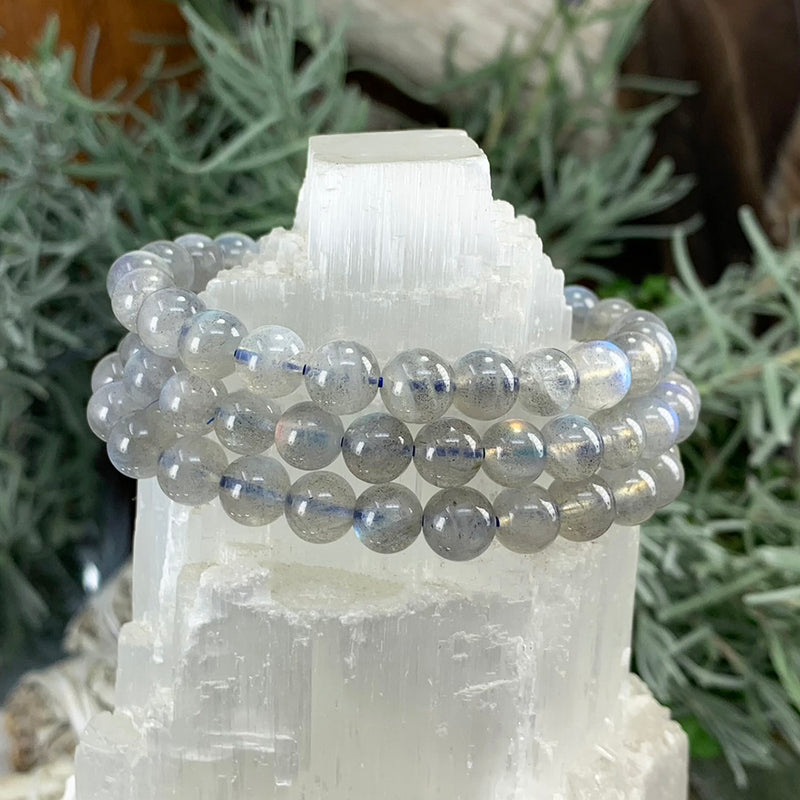 Pulsera Mala De Piedra Luna Gris Con Bolsita De Terciopelo