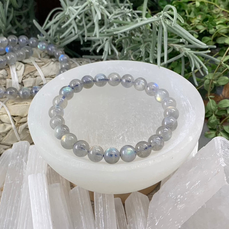 Pulsera Mala De Piedra Luna Gris Con Bolsita De Terciopelo
