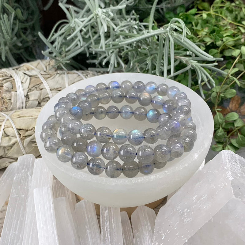 Pulsera Mala De Piedra Luna Gris Con Bolsita De Terciopelo