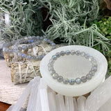 Pulsera Mala De Piedra Luna Gris Con Bolsita De Terciopelo