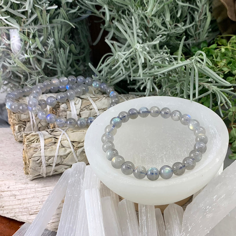 Pulsera Mala De Piedra Luna Gris Con Bolsita De Terciopelo