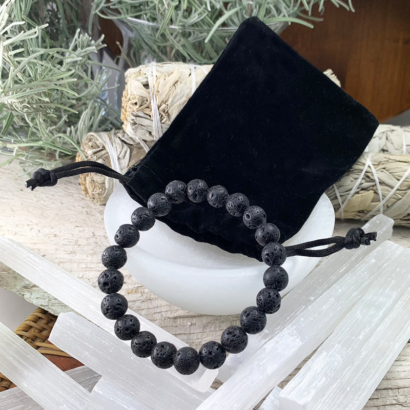 Bracelet Mala Pierre De Lave Avec Pochette En Velours