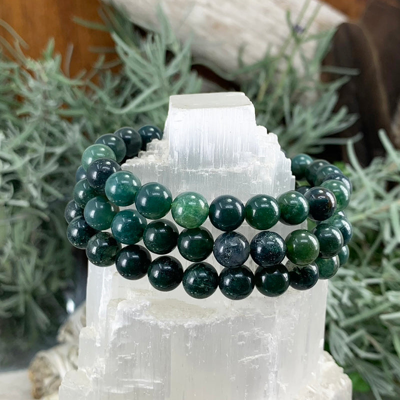 Bracelet Mala Moss Agate avec pochette en velours