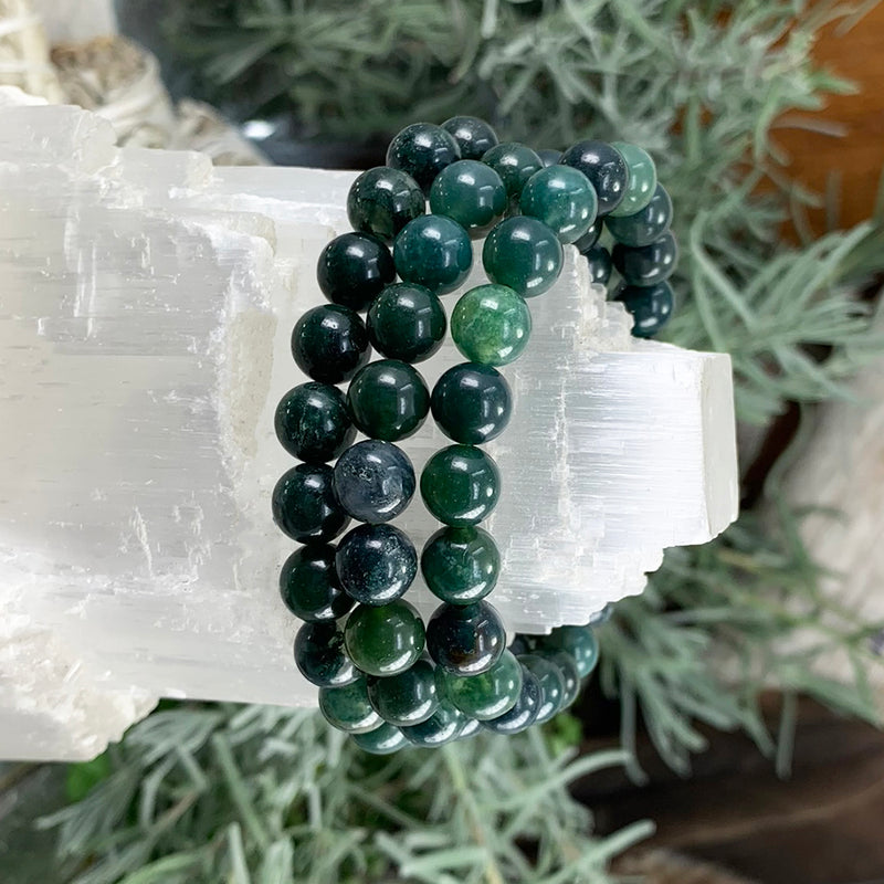 Mala Moss Agate Bracelet With Velvet Pouch