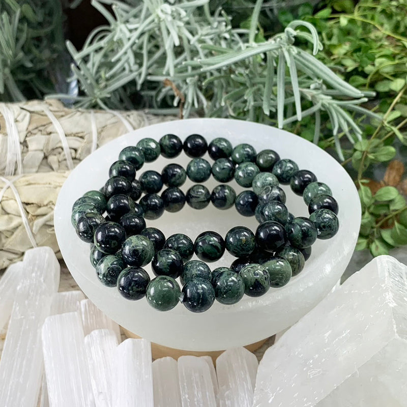 Pulsera Mala De Ágata Musgosa Con Bolsa De Terciopelo