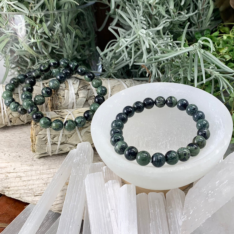 Pulsera Mala De Ágata Musgosa Con Bolsa De Terciopelo