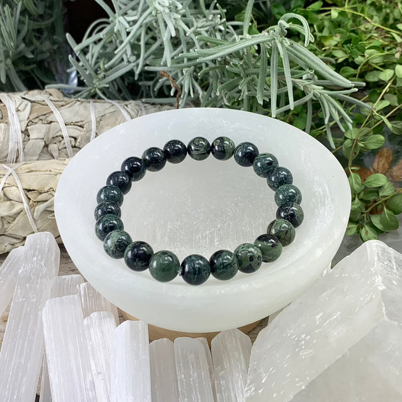 Bracelet Mala Moss Agate avec pochette en velours