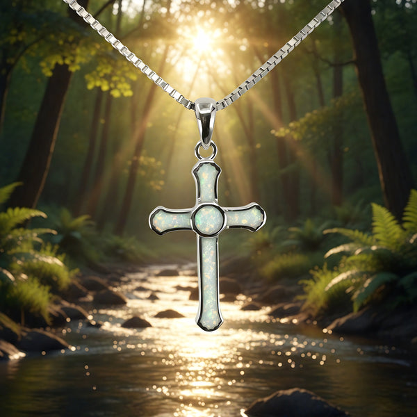 Opal & Silver Cross Faith Necklace
