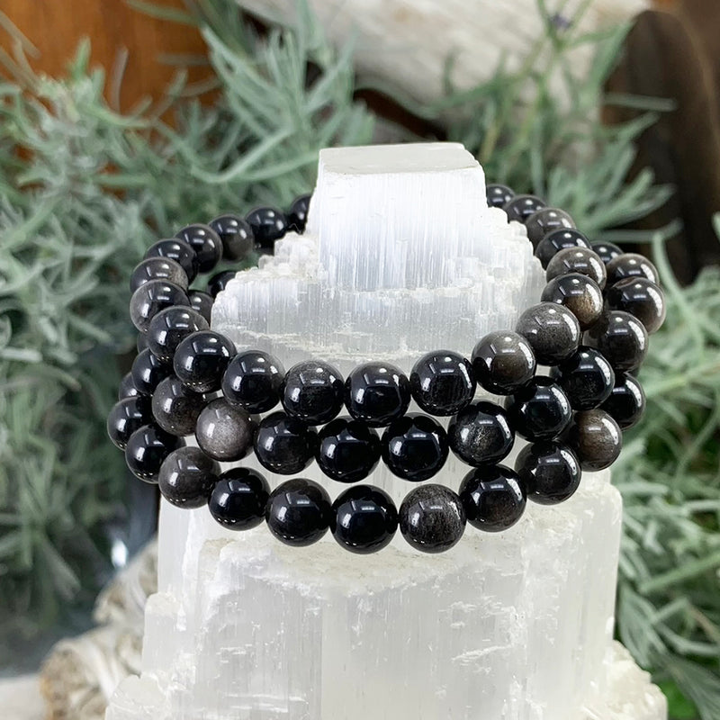 Mala Silber-Obsidian-Armband mit Samtbeutel