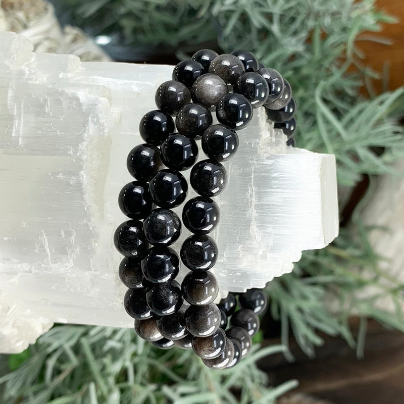 Pulsera Mala De Plata Y Obsidiana Con Bolsita De Terciopelo