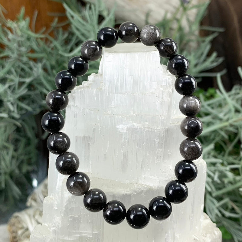 Bracelet Mala en obsidienne argentée avec pochette en velours