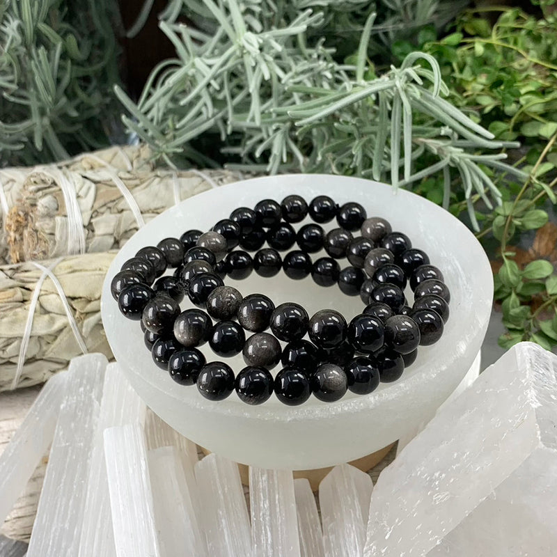 Pulsera Mala De Plata Y Obsidiana Con Bolsita De Terciopelo
