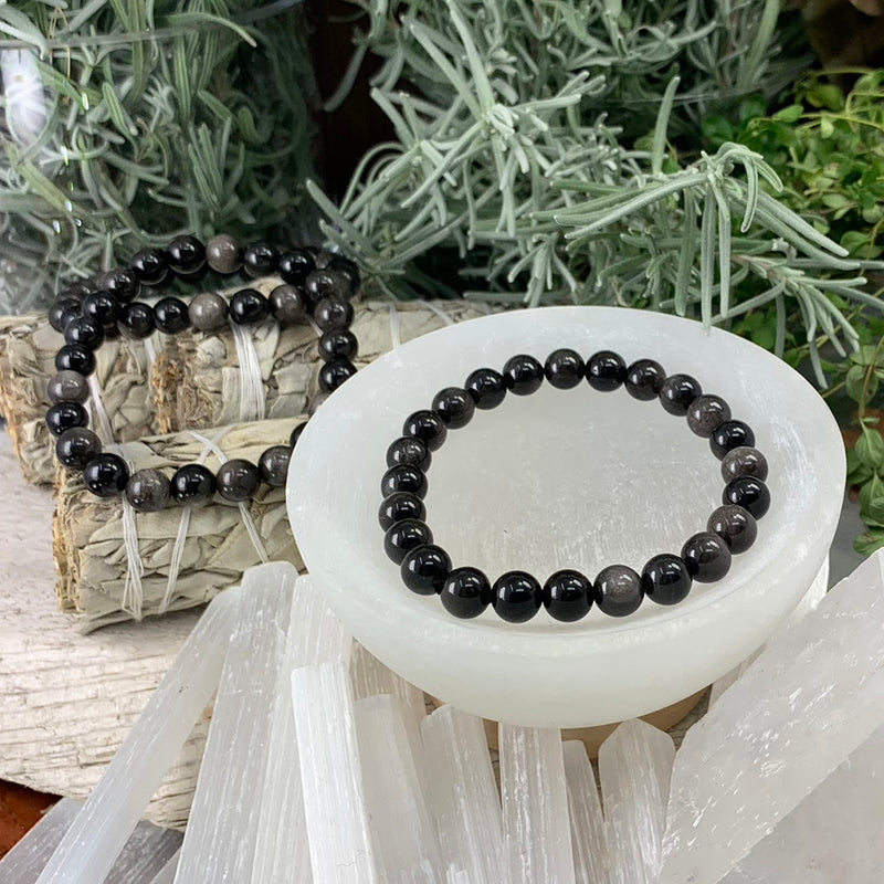 Pulsera Mala De Plata Y Obsidiana Con Bolsita De Terciopelo