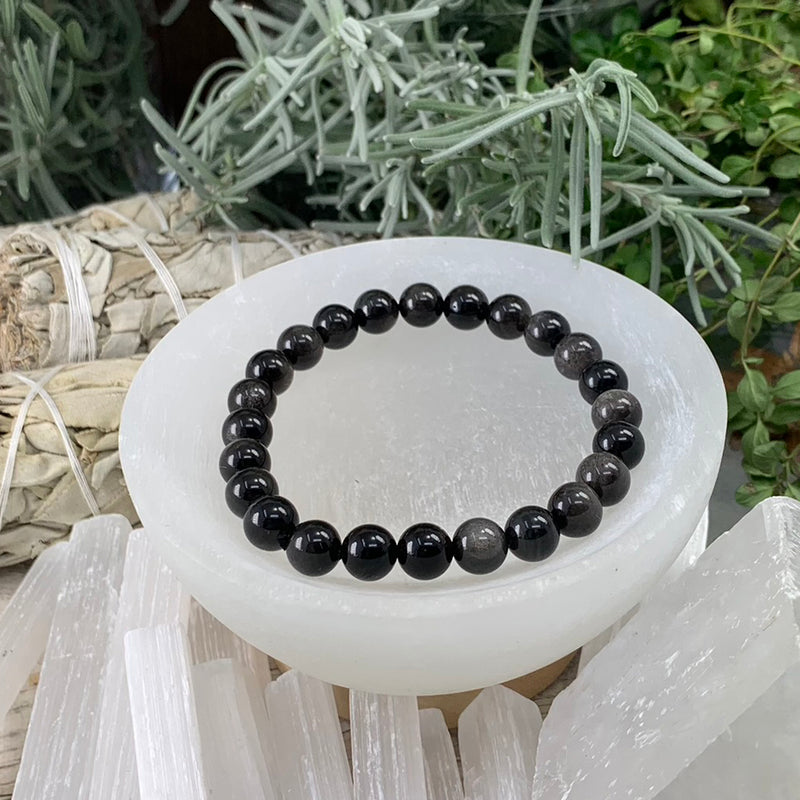Pulsera Mala De Plata Y Obsidiana Con Bolsita De Terciopelo