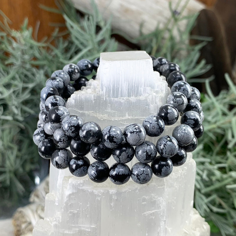 Bracelet Mala en obsidienne flocon de neige avec pochette en velours