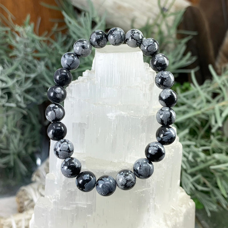 Mala Schneeflocken-Obsidian-Armband mit Samtbeutel