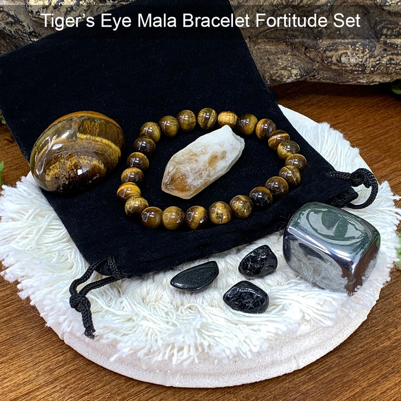 Set custodia Fortitude con bracciale Mala in occhio di tigre