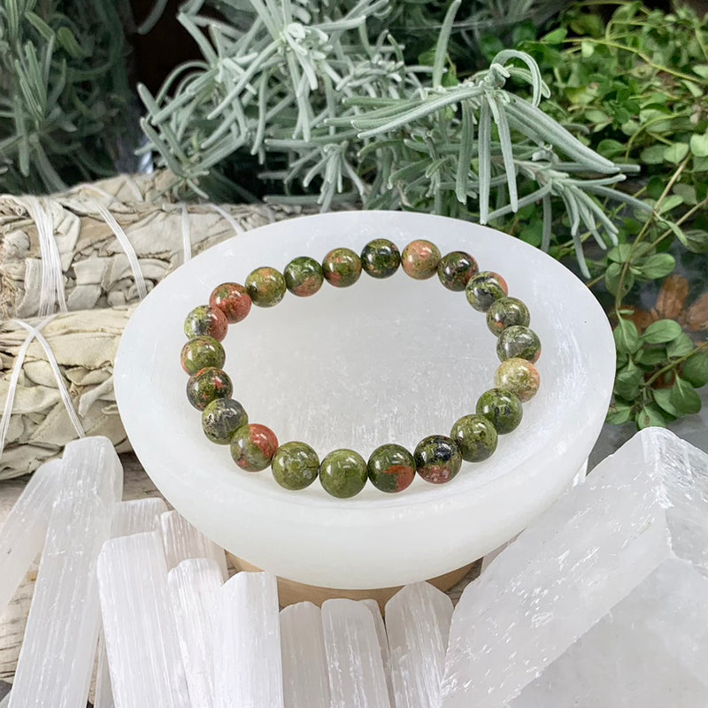 Bracelet Mala Unakite avec pochette en velours